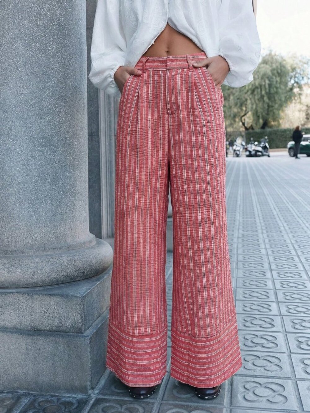 Dusty Pink Casual Women's Mid-Rise Striped Relaxed Fit Wide Leg Pants
